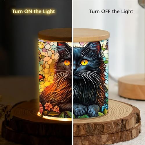 Stained Glass Black Cat Memorial Tea Light Holder Candle Jar Vintage Glass Candlesticks, Animal Votive Candle Holders Tealight with Bamboo Lid, Colorful Flowers Tea Light Holder for Lost Pet - color: Black Cat