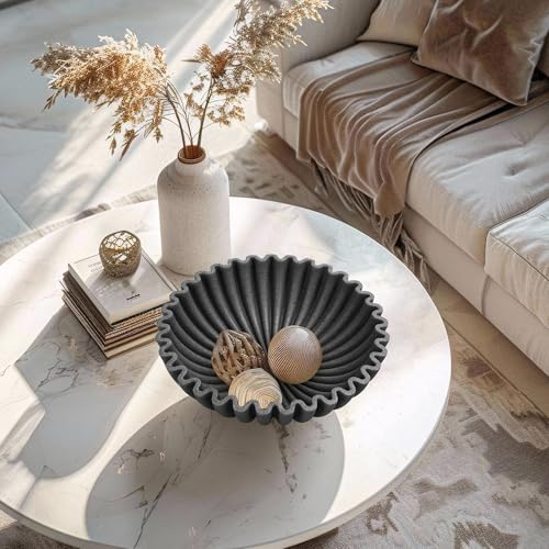 YMXYJM Large Decorative Bowl, Modern Handicraft Bowls for Home Decor, Decorative Fruit Bowl for Kitchen, Ruffle Bowl Decor, Stylish Key bowl for Entry Table, Artificial Stone Black - color: Stone Black