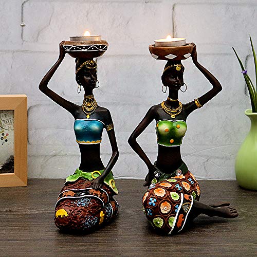 2 Pack African Women Sculpture,8.5in Black Tribal Lady Figure Figurine Candle Holder African American Women Statue Collectible Art Crafts Home Centerpieces Tabletop Ornaments Decoration Candleholder - color: A 2 Pack