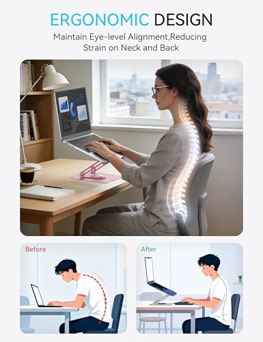 SOUNDANCE 360 Rotating Laptop Stand, Ergonomic Computer Riser for Desk, Adjustable Height Multi-Angle Metal Holder, Foldable Portable Notebook Elevating Base for Office & Home, Pink - color: Pink