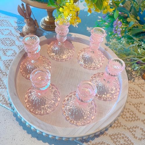 Glass Candlestick Holder,Striped Taper Candle Holders,Set of 6 Candle Stand for Table Centerpieces, Home Decor,Weddings,Festival and Parties (Pink Dimond) - color: Pink Dimond