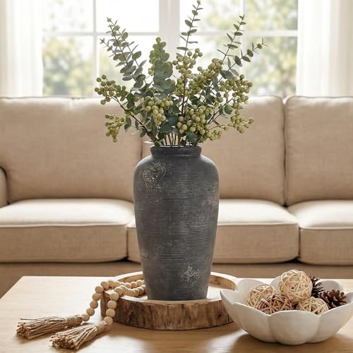 Rustic Distressed Ceramic Threaded Vase, 11"H Handmade Wabi Sabi Decor Vase (Deep Charcoal with Light Gray Weathering and Wheat Beige Patches) for Living Room Table Centerpieces, Entryway & Fireplace - size: 11 inch-A