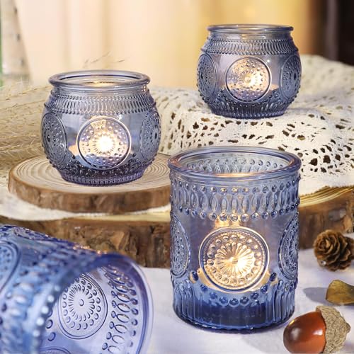 36 Pcs Blue Votive Candle Holders Bulk- Assorted Floral Tea Light Candle Holders for Wedding Table Decor, Blue Centerpieces for Wedding, Bridal Shower, Baby Shower Decorations - color: Blue