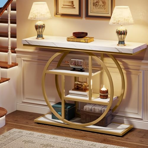 Tribesigns 41.3" Console Table, Industrial 4-Tier Sofa Entryway Table with Circle Base, Narrow Wood Accent Tables with Storage Shelves for Living Room, Hallway, Foyer, White Gold - color: White Gold