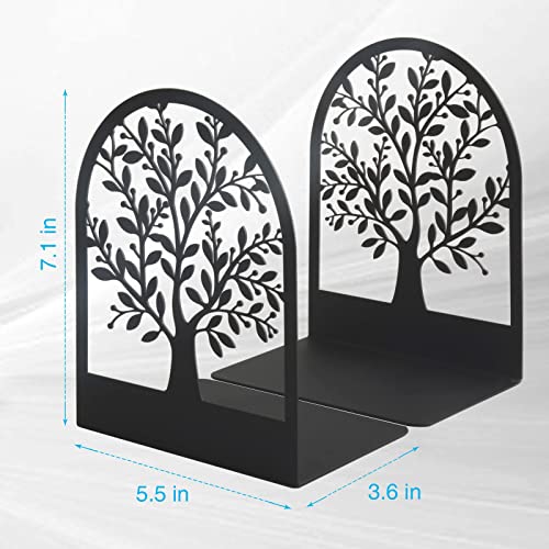 Book Ends, Metal Bookend, Tree of Life Bookend for Shelves, Home Decorative Bookends for Heavy Books, Black Non-Skid Book Stopper, 7 x 5.5 x 3.5 inch (1 Pair)