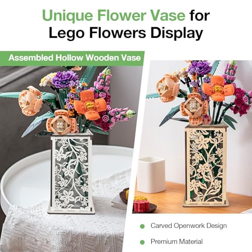 Wooden Vase for Lego Flowers ，Display Stand for Lego Flower, Cool vase with Hollow Flower Pattern，Gift for Flower Lovers (White) - color: White-flower