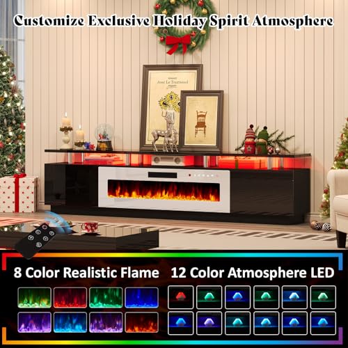 AMERLIFE 90" 2 Tier Fireplace TV Stand with 50" Fireplace, Modern Large Entertainment Center LED Lights, Media Console Table Storage Cabinet for TVs Up to 100", Living Room, Black & White - color: Black & White, size: 90"