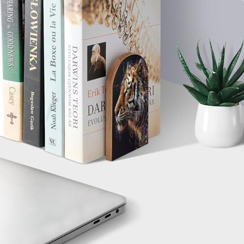 Galaxy Ethnic Tiger Book Ends Decorative Wood Bookends for Shelves Kids Room Desk Home Office Book Stoppers for Books, DVDs, 1 Pair/2 Pieces(5x3.1 in) - color: Galaxy Ethnic Tiger