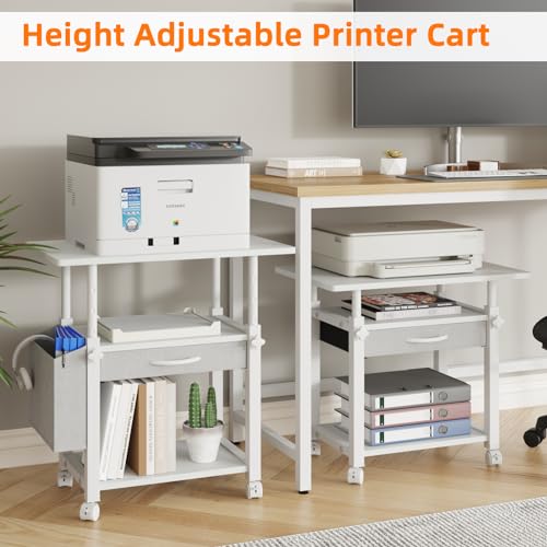 YAOHUOO Large 22"x15" Printer Stand, 3-Tier Height Adjustable with Storage Drawer & Side Bag, Rolling Cart for Heat Press/Laser/3D Printer (White) - color: White, size: 3-Tier