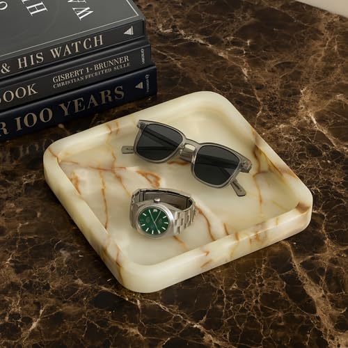 Bey-Berk Genuine Marble Valet Tray, Catch All, Vanity Tray, Marble Desk Organizer (Onyx, 9" x 9") - color: Onyx, size: 9" x 9"