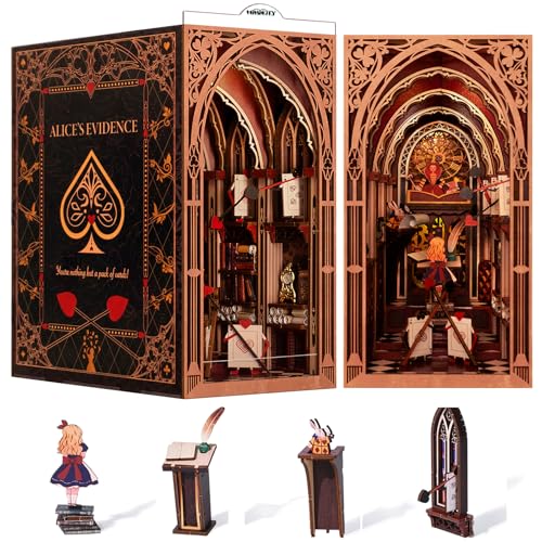 𝗠𝗶𝗻𝗶𝗖𝗶𝘁𝘆 Book Nook Kit, DIY Miniature Dollhouse Booknook Kit, 3D Wooden Puzzle Bookend Bookshelf Insert Decor with LED Light for Teens and Adults (Alice in Wonderland) - style: Alice in Wonderland