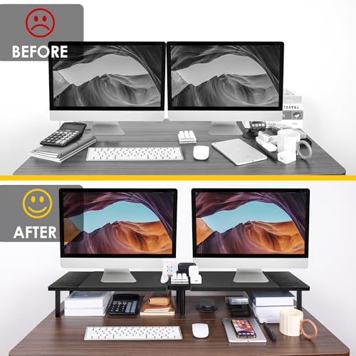 Across-Star Dual-Monitor Stand for Desk - Large Adjustable Length and Angle Riser for 2 Monitors, Double Computer Desktop Organizer, Shelf for TV, Laptop, Printer - color: Black, size: 30.3-40.5‘’L*9.45‘’D*4.9‘’H