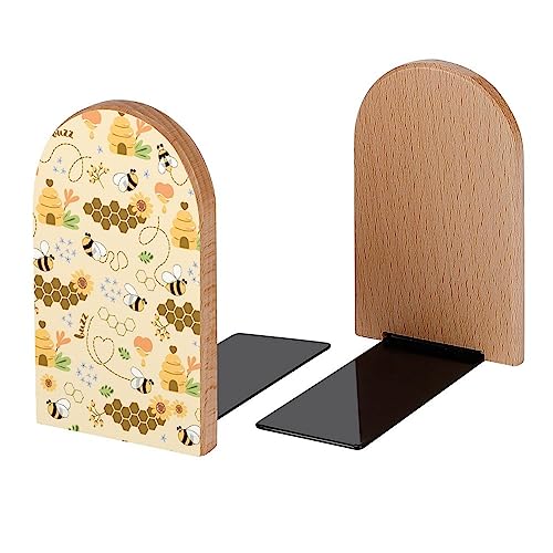 Cute Bee Sweet Honey Book Ends Decorative Wood Bookends for Shelves Kids Room Desk Home Office Book Stoppers for Magazines,Books, DVDs, 1 Pair/2 Pieces(5x3.1 in)