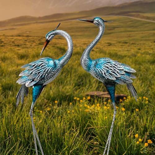 37-40Inch Outdoor Crane Garden Statues, Blue Heron Garden Statues, Large Metal Cranes for Yard, Lawn, Patio, Pond, Set of 2 - color: Blue