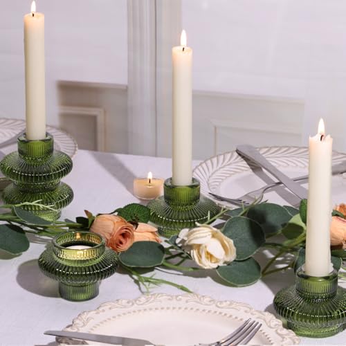 Green Taper Candle Holders Set of 10 for Taper Candles/Tea Lights, Ribbed Glass Candlestick Holders for Boho Wedding Table, Vintage Candle Sticks Holder Decor Home Decor - color: Green