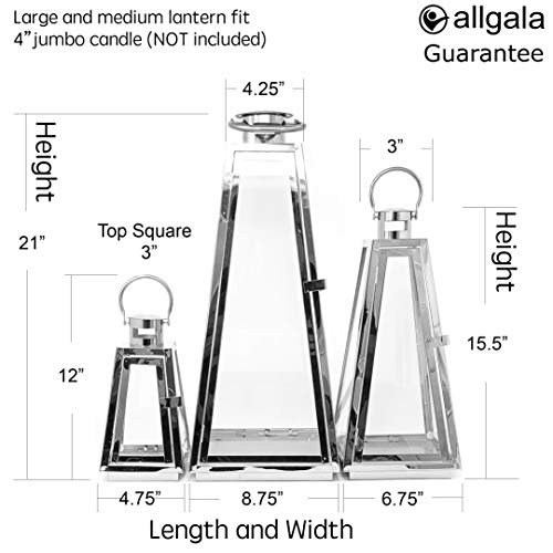 Allgala 3-PC Lantern Set 24 Inch Jumbo Deluxe Modern Indoor/Outdoor Candle Lantern Set Silver Chrome Stainless Steel Tapered Trapezoid Frame with Tempered Glass for Garden Patio Fireplace Wedding - color: Taper Silver