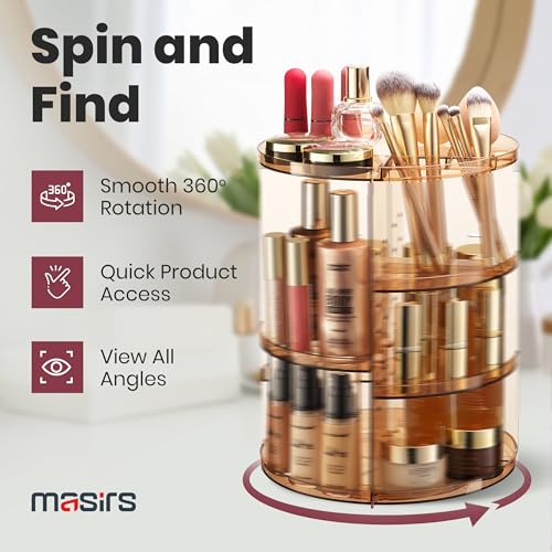 Masirs 360 Rotating Makeup Organizer - Adjustable Shelf Height and Fully Rotatable - The Perfect Round Spinning Cosmetic Organizer for Bedroom Dresser or Vanity Countertop Storage (Brown) - color: Brown