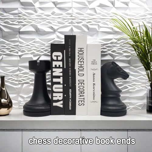 Chess Bookends Novelty Book Holders, Decorative Book Ends Modern Bookends Stoppers for Shelves, Black Heavy Duty Book Ends for Shelves Office Desk Decoration, Resin, 7" x 7"