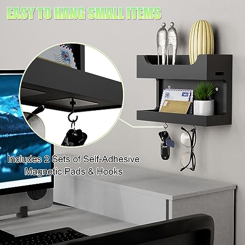 NiHome Wall Mounted Wooden Bedside Accessories Organizer, Double Tray Bedside Storage Shelf Rack with Magnetic Hooks, Bedroom Dorm RV Wall Caddy Holder for Phone Glasses Alarm Clock Remote (Black) - color: Black, size: Small