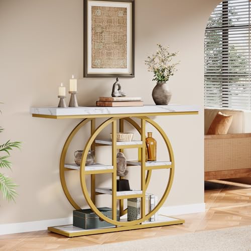 Celaform 41" Console Table, 4-Tier Entryway Table with Circle Base, Industrial Narrow Wood Sofa Accent Tables with Storage Shelves for Living Room, Hallway, Foyer (White Gold) - color: White Gold
