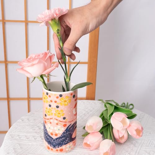 Cute Ceramic Flower Vase - Unique Abstract Art Deco Aesthetic Vase - Medium Colorful Design Features Hands Holding Sun and Moon, Ideal for Living Room and Dining Table - Thoughtful Housewarming Gift - color: "Night Asks Day" Vase