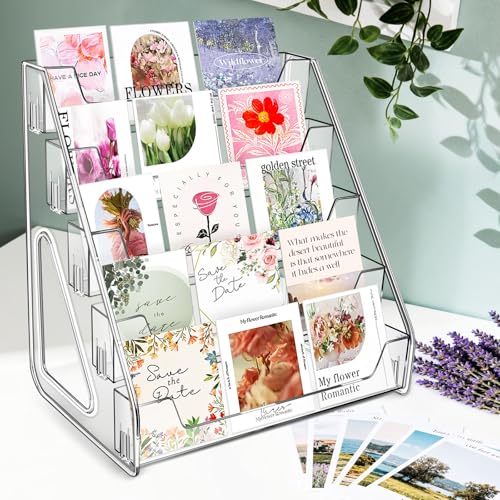 Tall 5-Tier Acrylic Card Display Stand for Greeting Cards, Sports Cards, Postcards, Stickers & Brochures, Easy Snap-On Sticker Display Rack