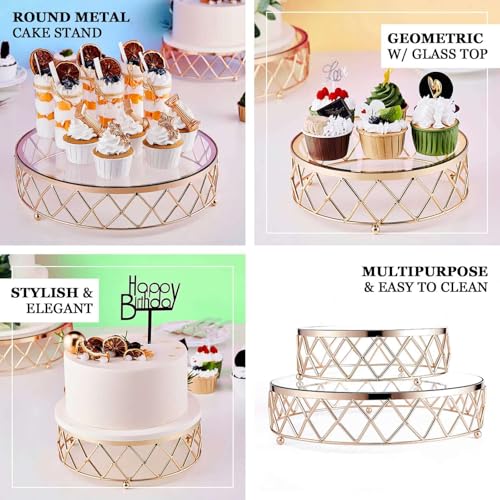 Efavormart 14" Round Gold Metal Geometric Cake Stand with Glass Top - Glossy Metallic Dessert Riser for Cupcake, Pastry and Candy Display Centerpiece