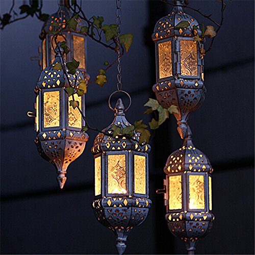 2PCS Moroccan Hanging Decorative Candle Lantern Holder Metal Tealight Candlestick Holder Glass Indoor Outdoor Candle Holder Courtyard Hanging Decoration (Vintage White) - color: Vintage White