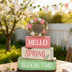 Spring Decoration Wooden Tiered Tray Decor – Rustic Hello Spring Bloom Time Stacked Block Sign with Floral Wreath Topper – Farmhouse Tabletop Spring Decor for Living Room Shelf Kitchen Coffee Bar Entryway Seasonal Home Display - style: Wreath