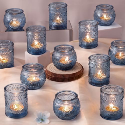 DARJEN 24Pcs Blue Votive Candle Holders - Glass Candle Holder for Party Decoration, Tea Lights Candle Holder for Wedding Shower & Gift - color: Blue