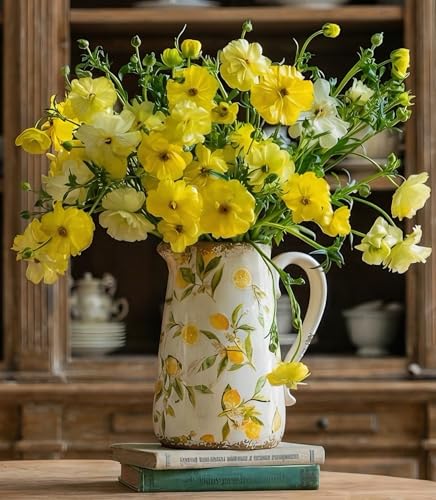 Vintage Lemon Ceramic Vase with Handle, Retro Ice Glazed Crack Farmhouse Pitcher Vase for Home Decor, Living Room, Shelf, Office, Rustic Table Centerpiece 9 Inch - color: Lemon, size: Large Pitcher