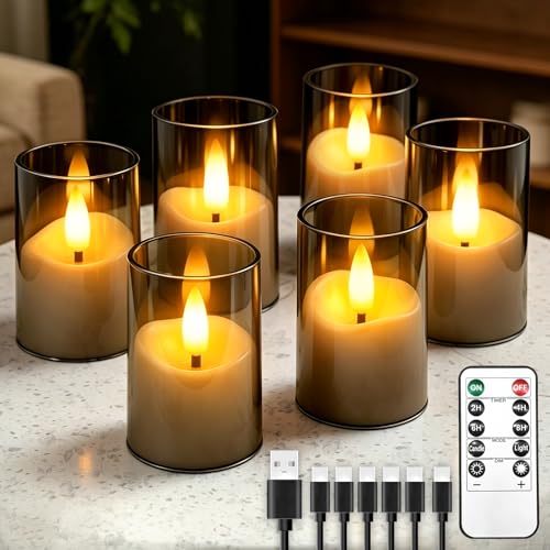 Rechargeable Flameless Candles with Timer Remote, 1.7"x2.6" Clear Acrylic LED Tea Lights Candles，Small Votive Electric LED Candles for Home Aniversary Wedding Holiday Decor Gray(6 Pack) - color: Gray