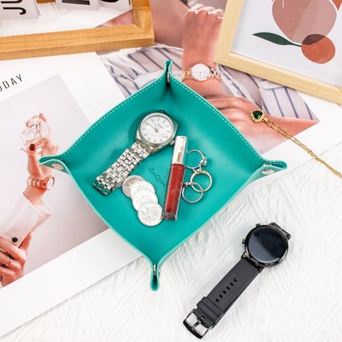 SANQIANWAN PU Leather Arc Edge Jewelry Valet Tray for Man and Women, Portable Mini Entryway Table Tray Bedside Nightstand Desk Tray Small Travel Dish Plate for Key,Wallet,Watch,Coin (WaterGreen) - color: Watergreen