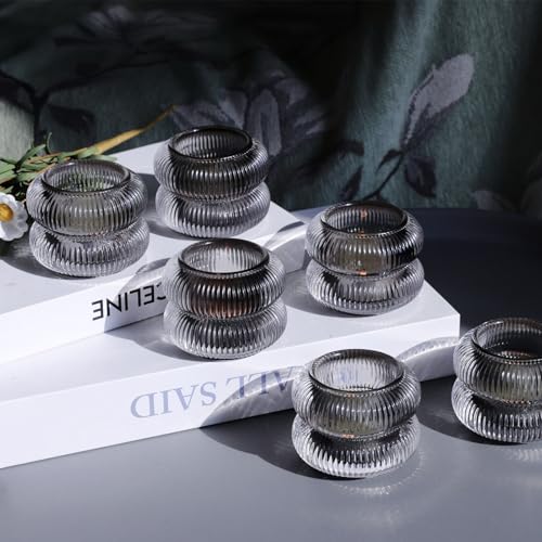 Woho Smoke Grey Votive Candle Holders Set of 6, Vintage Ribbed Tealight Candle Holder for Daily Home Decor, Classy Tea Light Candle Holder Glass for Living Room Table Decor(Grey, 2.1" H X 2.75" D) - color: Gray