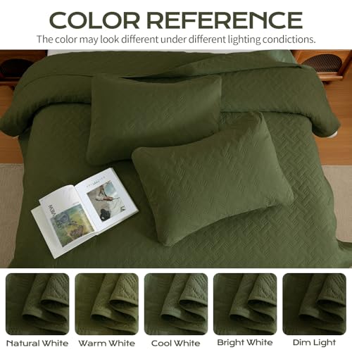 JYHOPE Olive Green Twin Quilt Set 68x90 Lightweight Microfabric Bedspread, 3-Piece Quilt Bedding with Pillow Shams, Summer Cooling Quilts, Ribbon Wrapped Gift - color: Weave Pattern-olive Green, size: Twin(68x90)