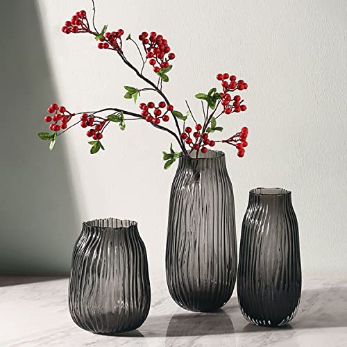 Black Grey Glass Vase for Flowers,Dark Grey Bud Tall Glass Vases,H-12.0" Simple Striped Design for Home Floor Decor,Farmhouse Decor, Centerpiece Coffee Table Decorations - color: Smoke Grey, size: H-12.0IN