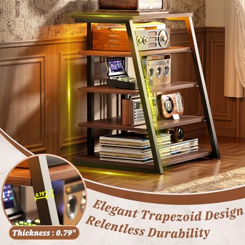 Armocity 5-Tier AV Media Stand with Power Strips, Media Console with LED Lights, Audio Tower Rack with Adjustable Shelves, Stereo Stands and Racks, 40.8'', Black Walnut - color: Black Walnut, size: 40" (H)