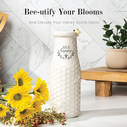 Young's Inc. Ceramic Flower Vase (Bee Happy) - White Ceramic Vase - Honeycomb Decor - 3" L x 3" W x 8" H Contains one Flower vase - color: Vase ("Bee Happy")