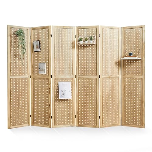 Pegboard Display, 5.6Ft Portable Freestanding Wall Organizer Wooden Room Divider Folding Privacy Screens for Craft Art Display Board (6 Panels, Natural) - color: Natural, size: 6 Panels