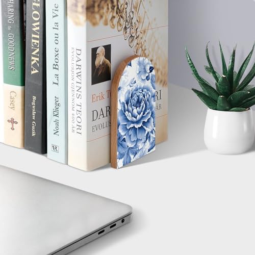 Blue and White Floral Book Ends Decorative Wood Bookends for Shelves Kids Room Desk Home Office Book Stoppers for Magazines,Books, DVDs, 1 Pair/2 Pieces(5x3.1 in)