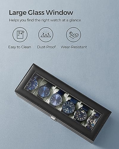 SONGMICS Watch Box, 6-Slot Watch Case Organizer with Large Glass Lid, Removable Pillows, Gift for Loved Ones, Black Synthetic Leather, Greenish Gray Lining UJWB06BK - color: Black + Gray, size: 6 Slot