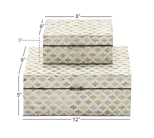 Deco 79 Mother of Pearl Shell Geometric Handmade Decorative Box Storage Decorative Keepsake Boxes with Hinged Lid, Set of 2 Storage Boxes 12", 8"W, Cream - color: Cream, size: 12", 8"W