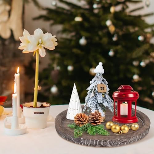 Round Decorative Wooden Serving Trays for Ottoman Coffee Table Tray Farmhouse Kitchen Home Decor Accents Circle Circular Wood Decorations Trays Rustic Dining Table Centerpiece Candle Holder Tray - color: Washedwhite, size: 12"
