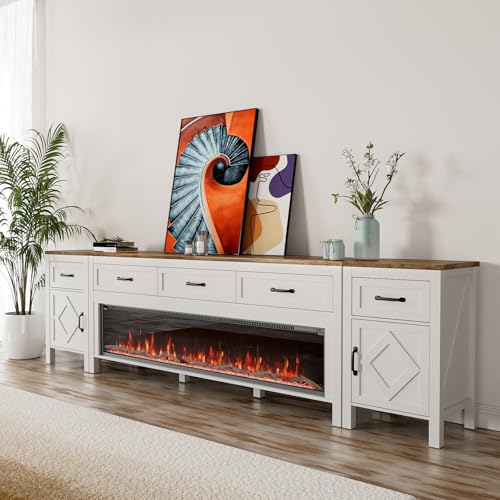 BVIUNTWO Modern TV Stand with Fireplace for TVs Up to 100 Inch,Entertainment Center with 60" Electric Fireplace,98" TV Console with Storage Cabinet Drawers for Living Room(Off White) - size: 98 Inch