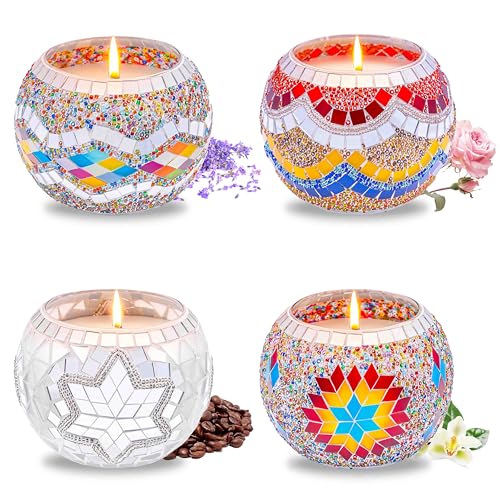 Rancco Handmade Mosaic Glass Tealight Candle Holder Set - 4 Pack with 10.5 oz Long-Lasting Soy Wax Scented Candles - Perfect Aromatherapy Gifts for Women, Moms, Birthdays, Spa Days, and Christmas - color: CC Multi-color