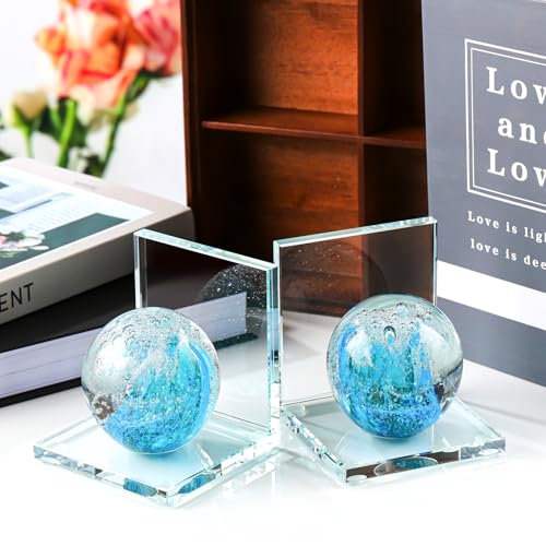 Arikyrist 1 Pair Crystal Bookends for Heavy Books with Hand Blown Ocean Waves Ball Glass Decorative Non Skid Bookends for Bookshelf Office Home (Lake Blue and Dark Green) - color: Lake Blue and Dark Green