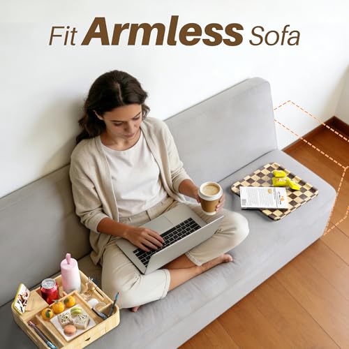 Couch Cup Holder, Checkered Couch Tray Cup Holder Sofa Tray, Large Capacity 2-Tier Wooden Trays with Drawer for Sofa, Bed, Picnic, Drinks, Remote, Cell Phone,TV Trays (Solid Pine Wood)12.5*12.5 in - color: Pine Wood + Checkered