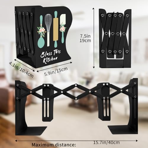 Cookbook bookends, Kitchen bookends, Adjustable Metal Book Ends for Shelves Decorative Unique Design for Heavy Books,Non-Skid Book Holder for Kitchen Housewarming Cooking Lover Gifts (Black 2) - color: Black 2