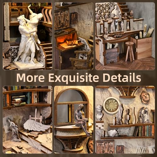 CCCDF DIY Book Nook Library Kit, Miniature Dollhouse Booknook Kit, 3D Wooden Puzzle Bookend Bookshelf with LED Light for Teens and Adults (Bernini's Sculpture Workshop) - style: Bernini's Sculpture Workshop