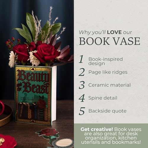 Steel Mill & Co Original Large Book-Shaped Decorative Vase, Ceramic Vases for Home Decor, Cute Bookshelf Decor, Unique Vase for Book Lovers, Beauty and the Beast